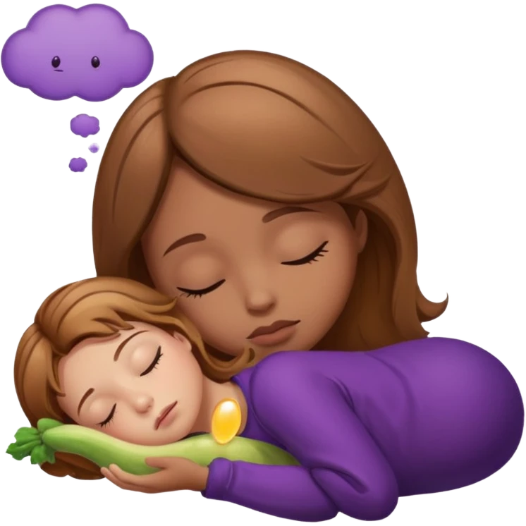 Girl with long light brown hair asleep thought bubble with eggplant in it emoji