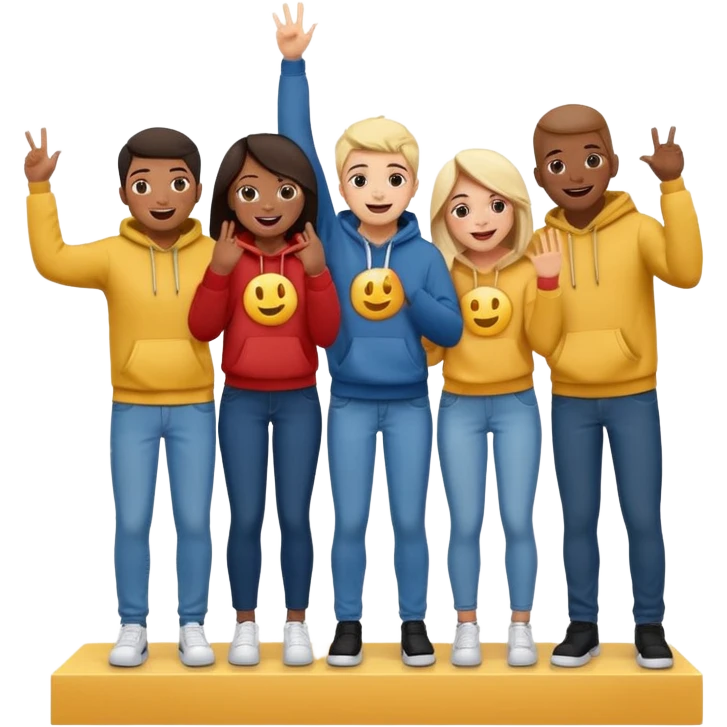 winners’ podium with five multi-racial people, no numbers, fun casual clothes like jeans and hoodies, excited, fun, expressive emoji style emoji