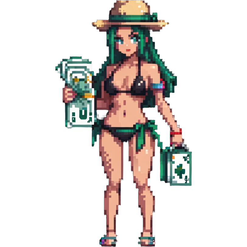 gangster in a bikini, holding a wad of cash emoji