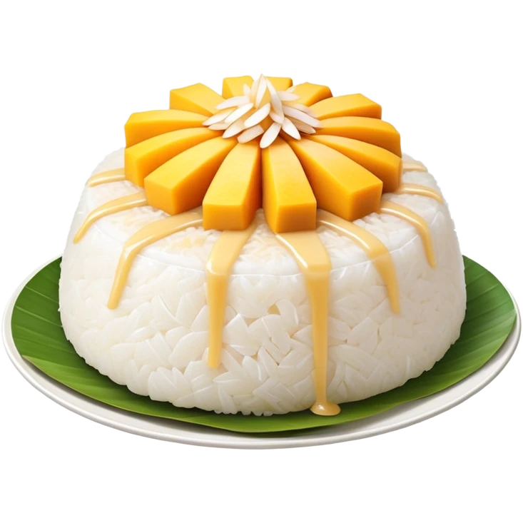 cinematic-realistic-mango-sticky-rice-dessert-emoji,-showcasing-sweet-sticky-rice out of a mould-paired-with-ripe-mango-slices-and-coconut-milk-rendered-with-lifelike-detail-and-warm,-inviting-lighting with the coconut  milk over the rice emoji