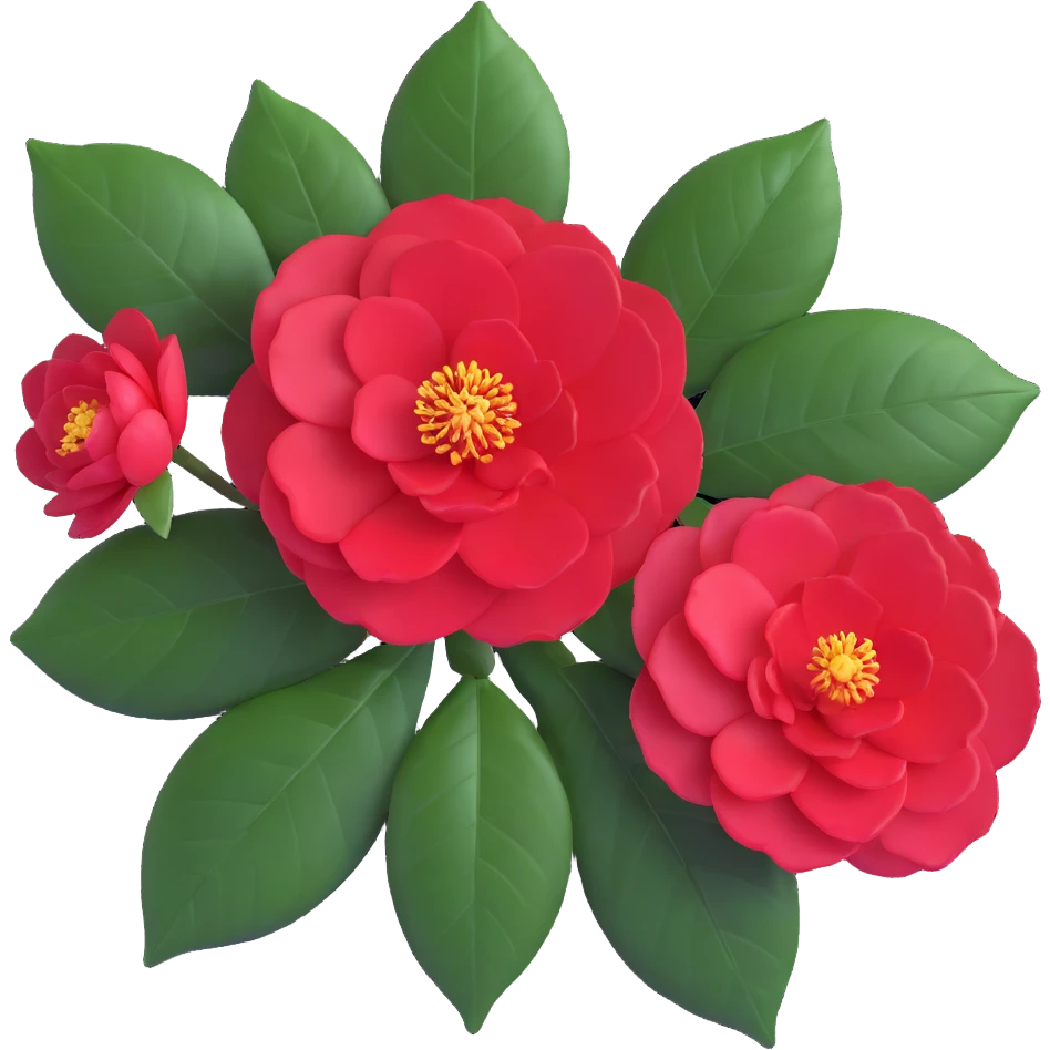 Detailed camellia bloom with formal double form, perfect spiral arrangement of overlapping deep red petals and characteristic glossy oval leaves with fine serrated edges emoji