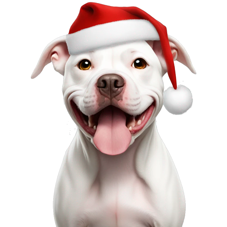 White pitbull dog wearing a Santa hat emoji