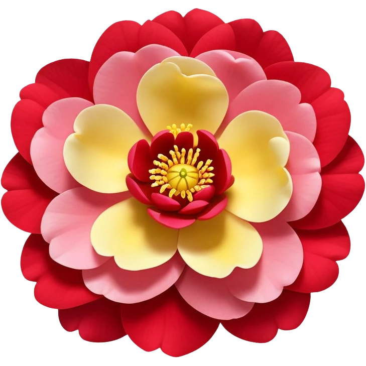 red Japanese camellia flower with layered petals and yellow stamen, flat design emoji