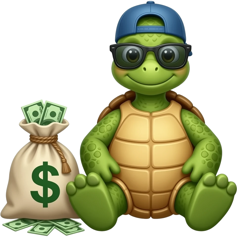 A turtle with sunglasses and ball cap sitting on ground next to a bag of money emoji