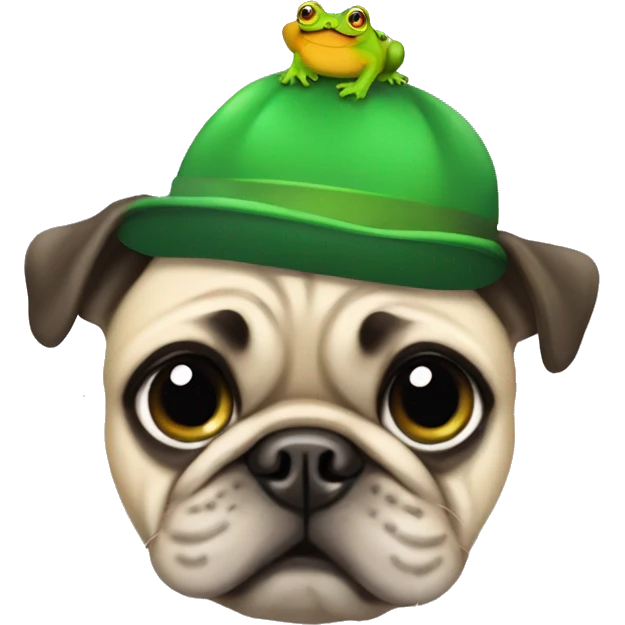 Pug smiling while wearing a green hat with a frog form emoji
