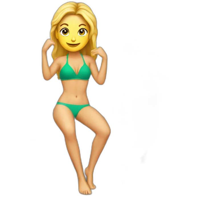 Soft-fit Caucasian woman bikini abs (hands-in-hair pose) (full body) couch emoji