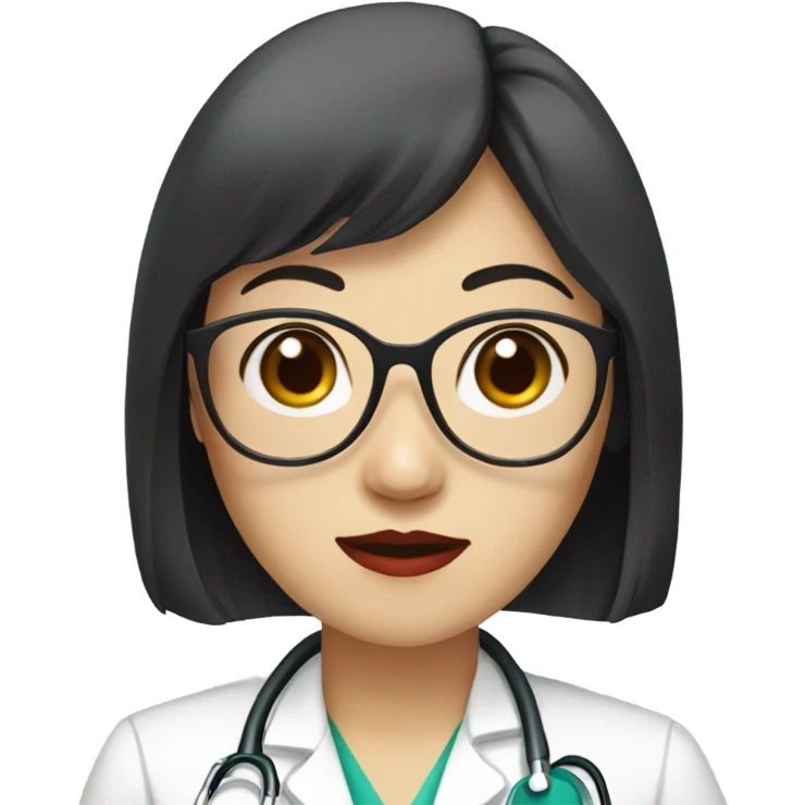 east Asian medical doctor woman with glasses with long hair and bangs and red lips emoji