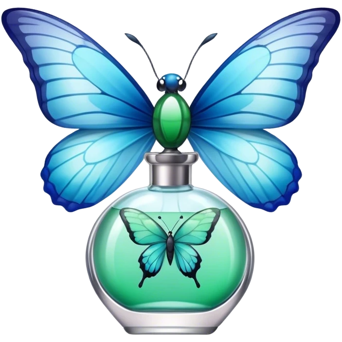 A glass perfume bottle with a soft blue ribbon tied around its neck, with a green and blue butterfly nearby. emoji