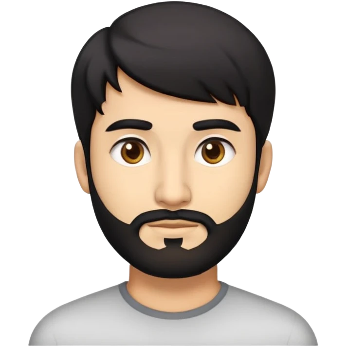 Emoji man's head of South Asian male with light skin, 5 o-clock shadow thin beard, short sides hairstyle with longer layers in top, bangs, right side hair part, and black hair. Medium fair-skinned Pakistani. Brown eyes. emoji