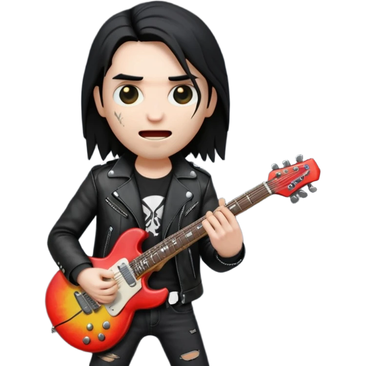 3D Apple-style emoji of a metal musician holding an electric guitar with a bold "ROCK" sign above. Long hair, black leather jacket, ripped jeans, intense expression. Rounded, glossy, smooth, soft shadows, white background.











 emoji