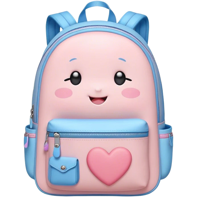 Cute Kawaii Backpack, round and chubby, soft pastel pink and blue, tiny heart-shaped zippers, blushing cheeks, a tiny smiling face, a happy school-time companion! emoji