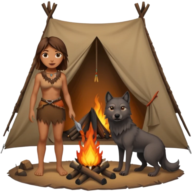 a NEANDERTHAL WOMAN WITH BROWN HAIR STANDING BY A FIRE AND TENT WITH BLACK WOLF emoji