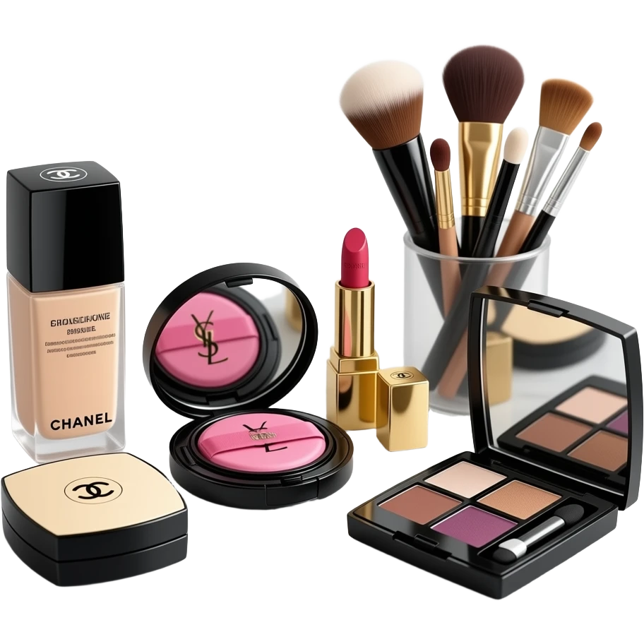 Chanel foundation, YSL pink cushion, Chanel blush, lipstick, Dior eyeshadow palette, makeup brushes, concealer, makeup set collection emoji
