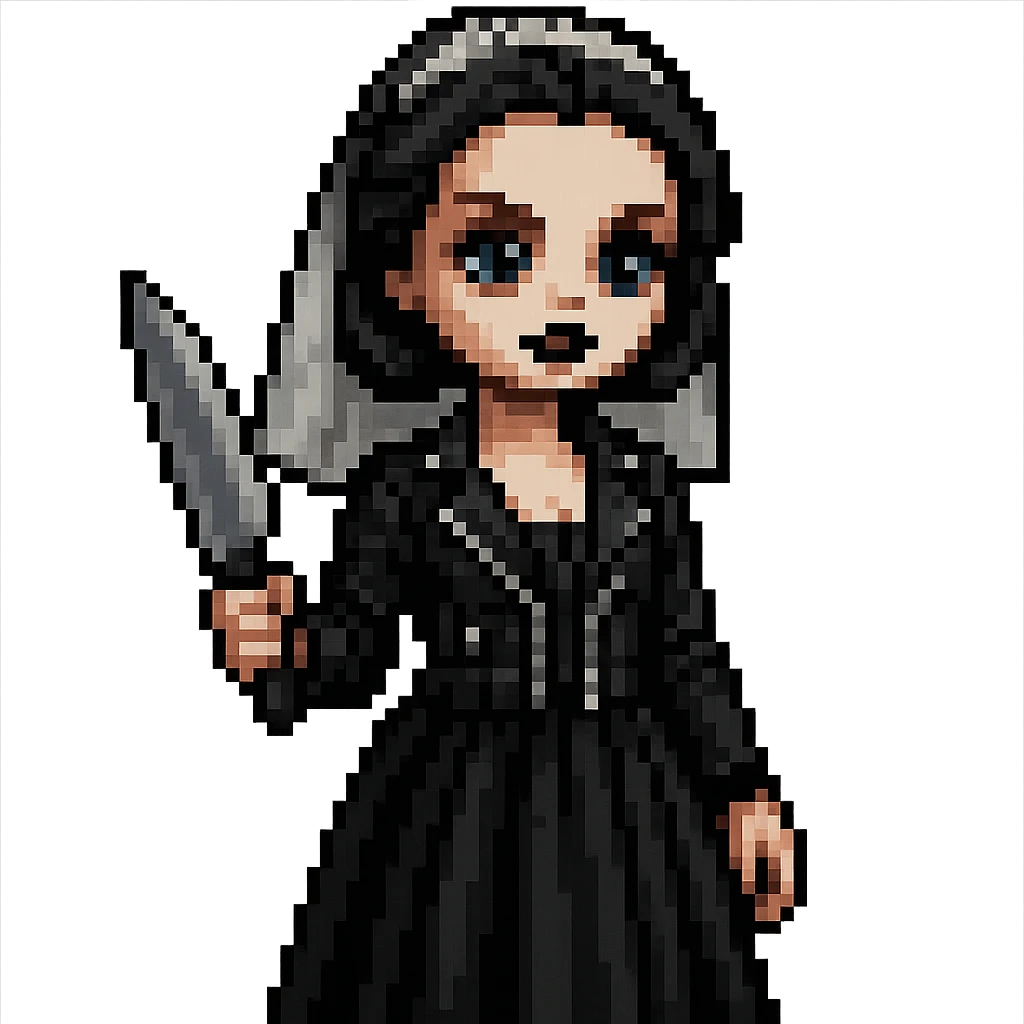 Make Chucky’s bride doll hold a knife, keep her in a black dress and leather jacket with dark makeup, pixel art style emoji