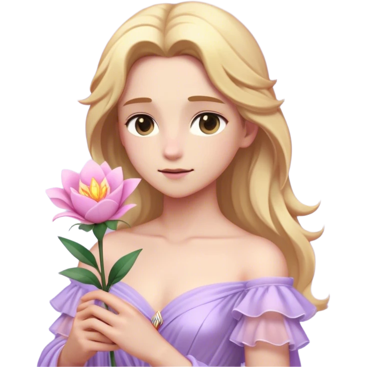 Cinematic Realistic Rapunzel Portrait, with porcelain-like skin featuring a subtle, natural glow, illuminated by soft lighting that brings out the gentle contours of her face. Her long, golden blonde hair cascades in detailed waves, each strand highlighted with a radiant shimmer as it catches the light. She playfully holds a flower in one hand, her other hand resting casually in her lap, with a warm and spirited expression. Her bright, expressive green eyes exude curiosity and warmth, framed by delicate lashes and soft, arched brows. She is dressed in her classic lavender and pink gown, the fabric textured with delicate folds that flow naturally, catching the light with a soft, radiant glow. The portrait captures a luminous, enchanting aura, seamlessly blending realism with a whimsical, fairytale charm, evoking a timeless sense of beauty and magic. emoji