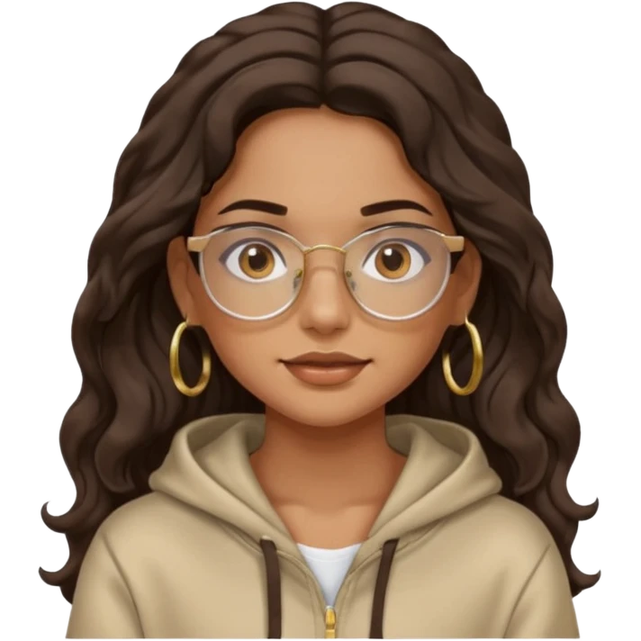 Make a girl with dark brown wavy hair and brown eyes she's tan latina and she has clear glasses and small hold hoop earings make her hair longer and her a hoodie emoji