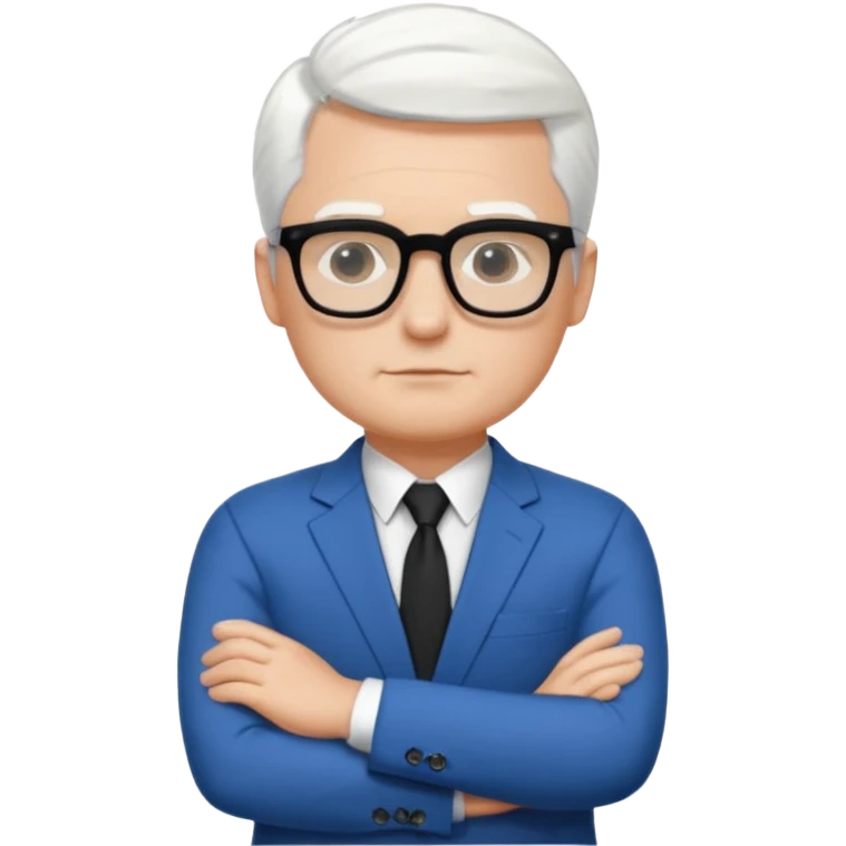 Man wearing black glasses, short white hair, blue suit, white shirt, no tie, arms folded emoji