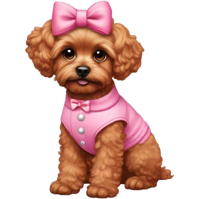Red Shipoo dog in cute pink outfit with bow on head emoji