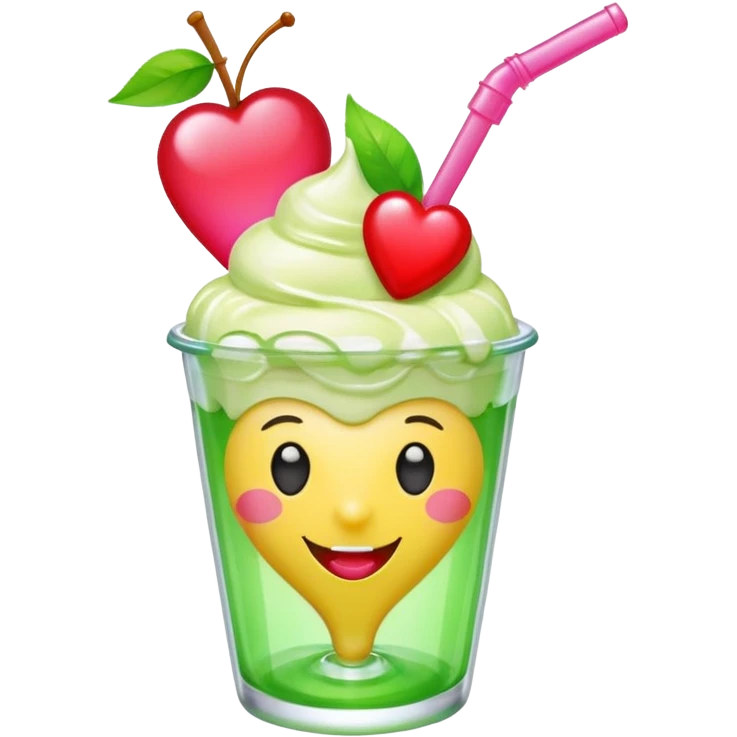 Create an emoji with a clear rounded glass, bright transparent green soda, vanilla ice cream scoop, two red cherries, pink heart-shaped straw, simple shapes, bright colors, glossy, kawaii style, centered, transparent background
 emoji