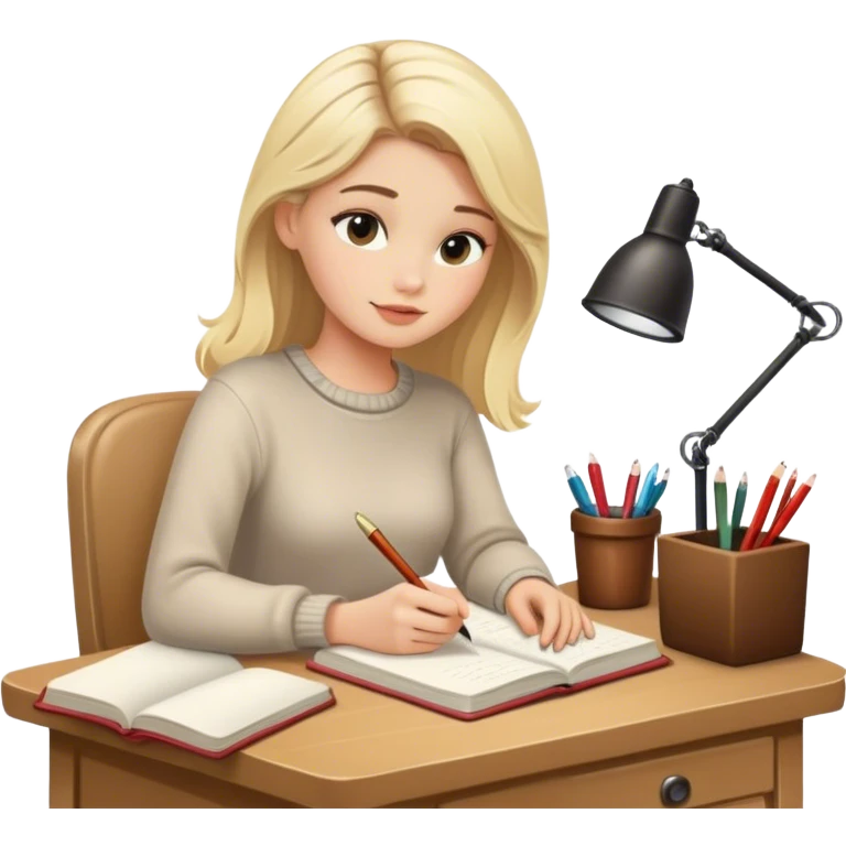 pretty blonde model journaling at a cozy writing desk  emoji