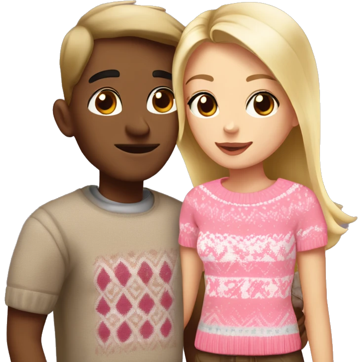 A beautiful blonde girl with brown eyes wearing a pink fair isle jumper. She’s kissing her boyfriend who is taller and darker blonde with brown eyes and a white T-shirt. emoji
