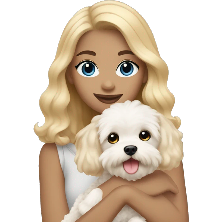 girl with blue eyes and blonde hair holds dog maltipoo cream color hair emoji