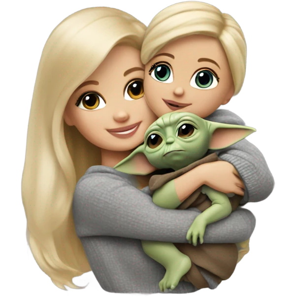 Blonde Barbie wearing gray sweater, holding Grogu (baby yoda) emoji