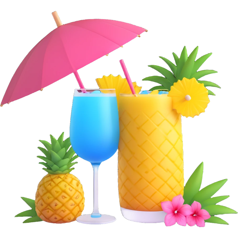 a pineapple and a vibrant tropical fruity blue cocktail with hibiscus, pineapple slice, and paper umbrella garnish emoji