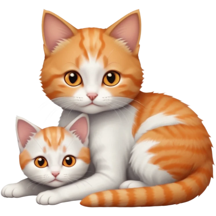 full body of very small + skinny ginger and white kitten with deep orange eyes and triangular shaped face lying down cuddling a grey and white kitten who is a bit bigger than him emoji