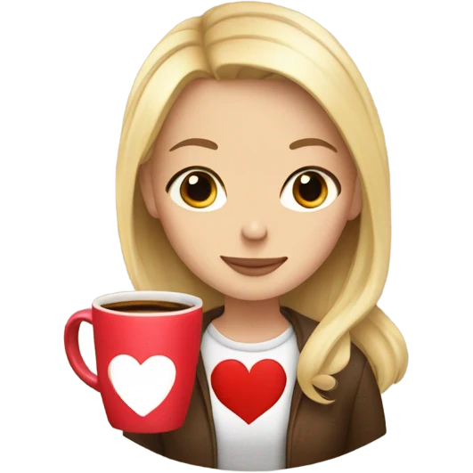 Girl with blonde hair holding a mug with coffee in it that has a heart on the top of the latte emoji