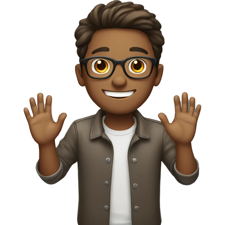 smiling young man who wearing glasses 
 putting hands up  emoji