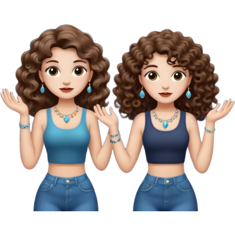 moon juggling — long wavy brown hair tattooed woman and short tight curly brown hair woman — tiny moons and crystals emoji