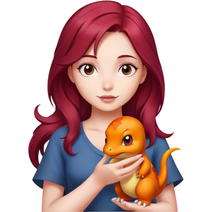 Beautiful burgundy haired girl holding charmander emoji
