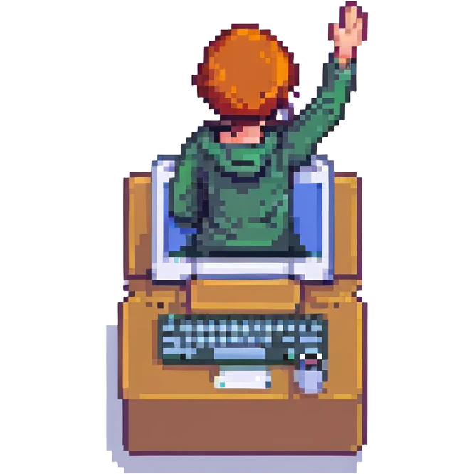 pixel art style person with laptop raising hand, no background emoji
