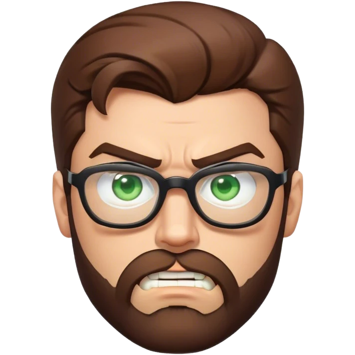 Superman with brown hair, a beard, and glasses on. Eyes are green. Angry face emoji