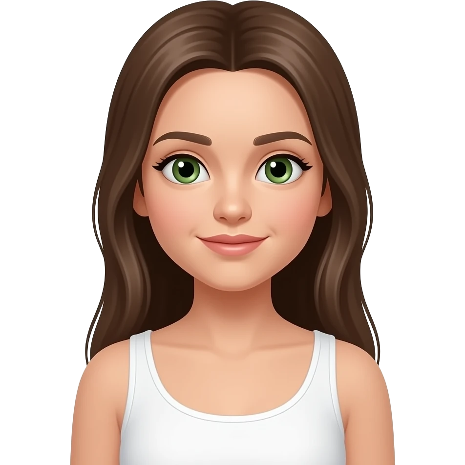 emogi style 3D jeune fille au cheveux lisse long et brun et aux yeux vert avec un débardeur blanc emoji