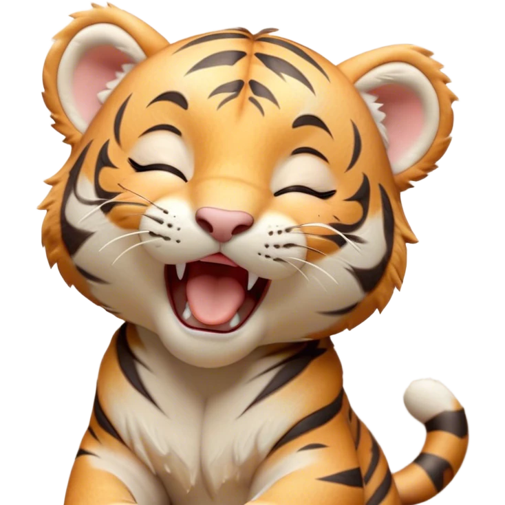 Cinematic Cute Yawning Tiger Cub Portrait Emoji, Head tilted slightly with a dramatic, wide-open yawn, showcasing a small, plush body with drowsy, half-closed eyes and an open, relaxed expression, Simplified yet irresistibly adorable features, highly detailed, glowing with a soft, cozy wild glow, high shine, relaxed yet expressive, stylized with a dash of whimsical jungle charm, soft glowing outline, capturing the essence of a drowsy yet affectionate tiger cub that appears ready to stretch out for a nap! emoji
