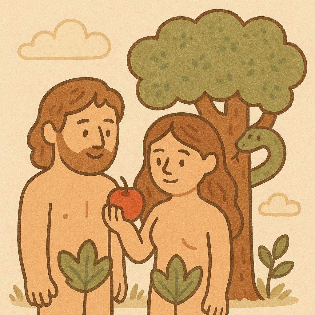 Adam and Eve in the Garden of Eden, with the apple and the snake, cartoon illustration style, square scene emoji