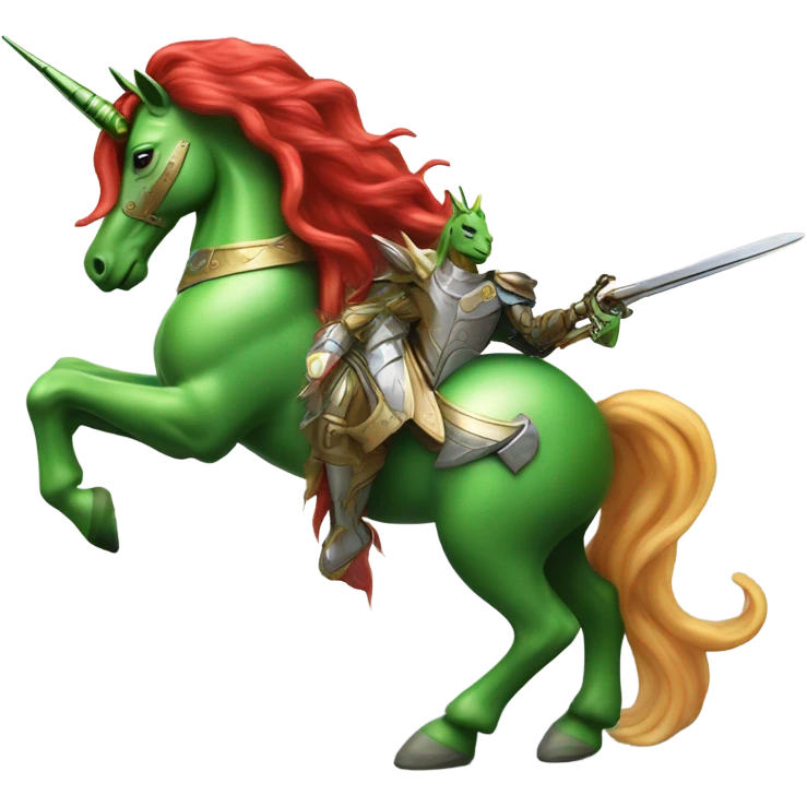 four-legged red unicorn a green amazon alien woman, on a unicorn emoji