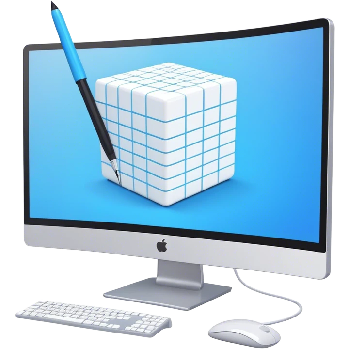 Create an emoji for 3D visualization and modeling. Show a 3D cube or object with grid lines and a modeling tool (e.g., a mouse or stylus) on big curved monitor. Use modern, professional colors. Do not include any emojis or smiley faces. Make the background transparent. emoji