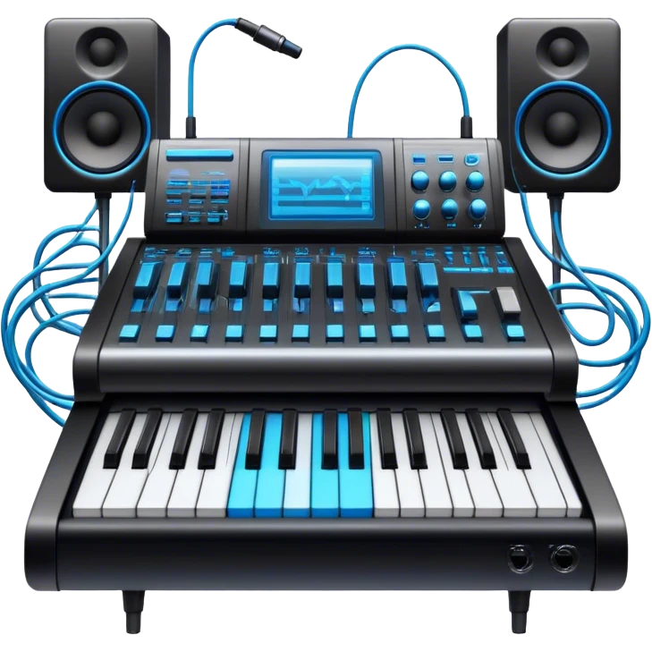 Create a professional and detailed emoji that represents sound design. The design should feature a high-end studio synthesizer (like the Korg), a sound mixing console with visible wires, large studio speakers, and a microphone to symbolize the essential equipment in sound design. Add musical note waves flowing around the equipment to emphasize the connection between sound creation and musical composition. Use sleek, modern colors like black, silver, and neon blue to represent the professional and futuristic nature of sound design. The background should be transparent. emoji