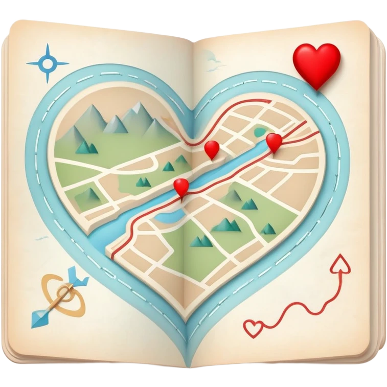 Folded cartographic map with pale ethereal colors, featuring red heart markers and various colored symbols indicating different emotional experiences, topographic lines emoji