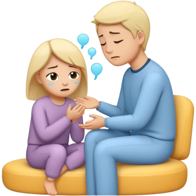 simplified human character crying gently while sitting with a psychologist, therapist showing empathy and support, emotional but safe mood, mental health therapy session, flat custom emoji sticker, soft pastel colors, rounded shapes, minimal details, thick outline, white background, no text emoji