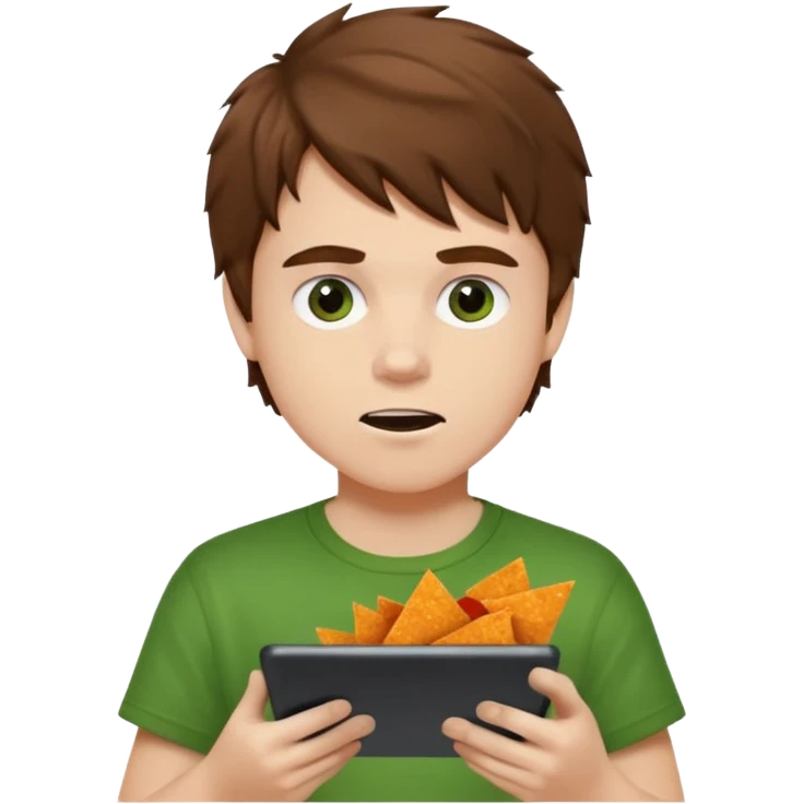 A white boy with messy brown hair eating Doritos while gaming on a green ipad emoji