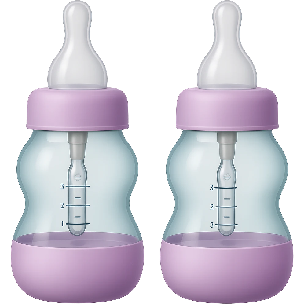 Adjust the shape of the two silicone baby bottle nipples to be more elongated and narrow, keeping the wide base and soft, smooth, translucent look, with gentle curves, light pastel tones, and transparent background. emoji