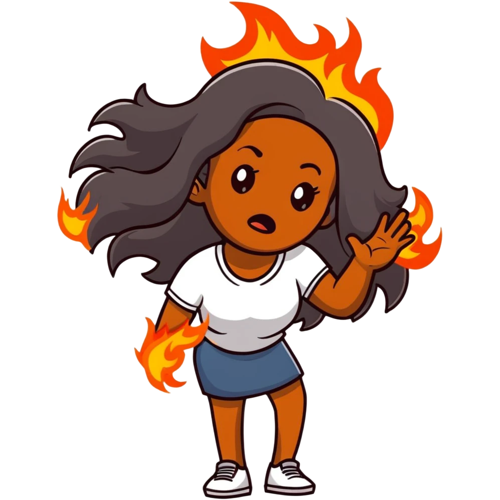 African American woman with long hair, frustrated expression, hair on fire emoji