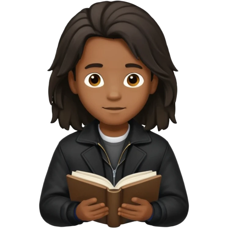 Garoto negro fofo e cabelo comprido usando jaqueta preta lendo um livro emoji