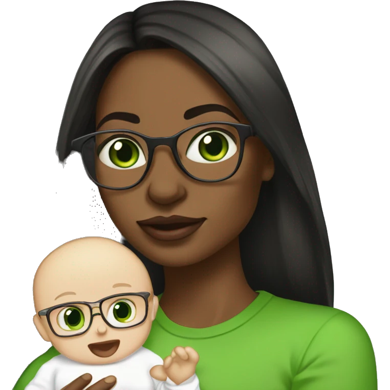 Black not that long straight hair with green eyes and glasses, big lips white girl holding one year old green eyes white baby son emoji