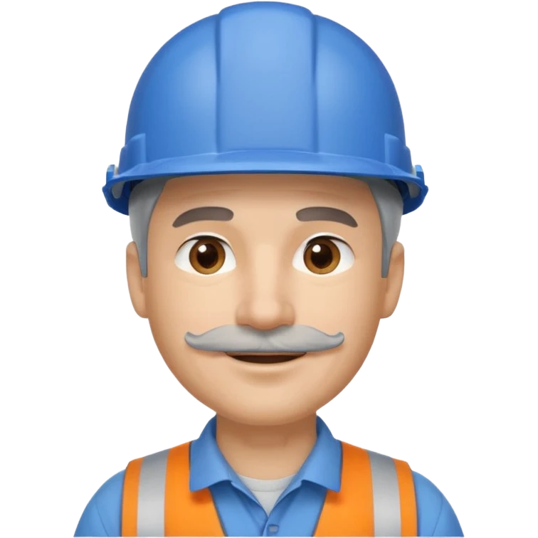 A man emoji with light skin, wearing a blue construction helmet, short gray hair on the sides, straight eyebrows, brown eyes, a small nose, and a thin gray mustache above his smiling mouth. emoji
