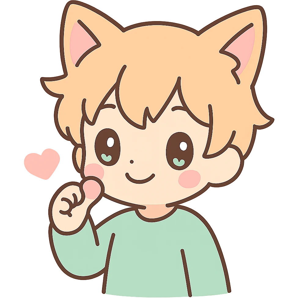 sweet anime-inspired boy with fox ears, smiling, showing affection emoji